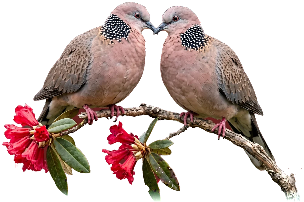 A pair of ghughuti birds on a flowering buransh branch