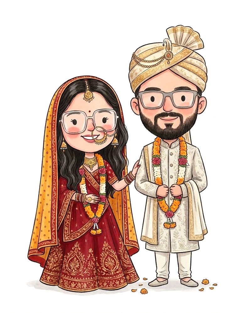 Shivani and Pawan as bride and groom, illustrated